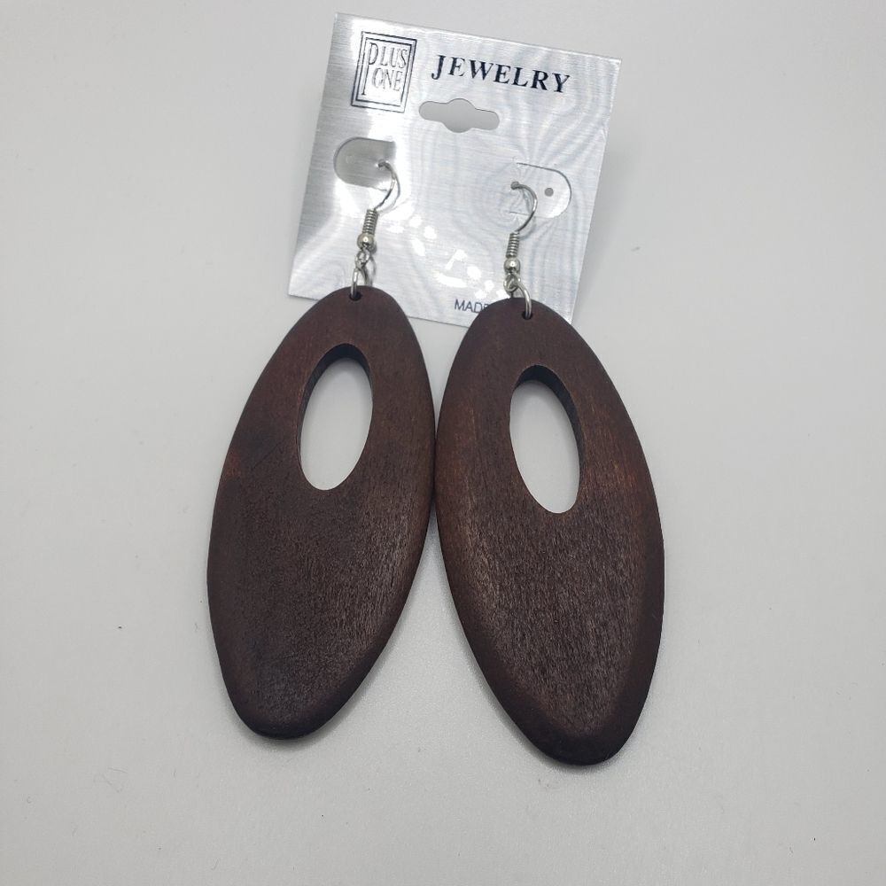 Dark Brown Wood Oval Shape Long Boho Style Earrings